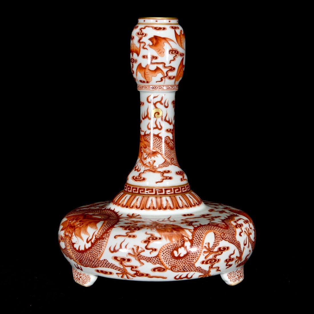 Chinese Gilt Edge Iron Red Glaze Fortune Dragon Design Porcelain Vase: Title: Chinese Gilt Edge Iron Red Glaze Fortune Dragon Design Porcelain Vase Origin: Chinese Date/Period: After1860 Materials: Porcelain Dimensions: 230 x 175 (mm)9.05 x 6.89 (inches) Reserve: $1,266.