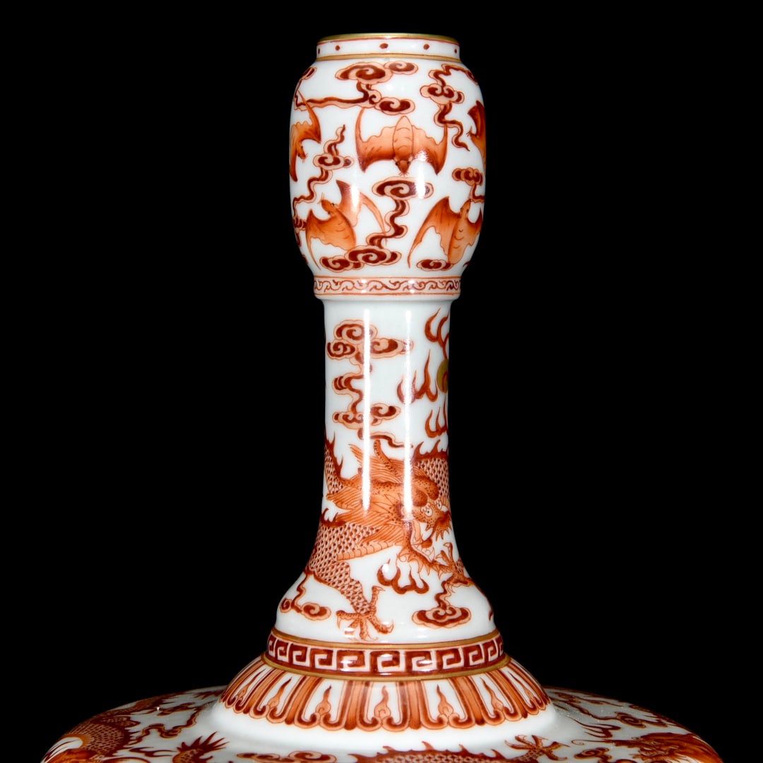 Chinese Gilt Edge Iron Red Glaze Fortune Dragon Design Porcelain Vase - 4