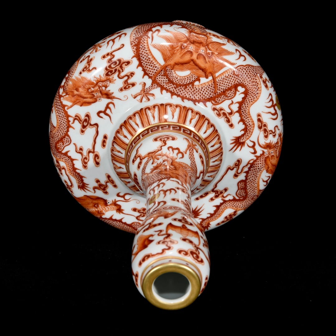 Chinese Gilt Edge Iron Red Glaze Fortune Dragon Design Porcelain Vase - 8