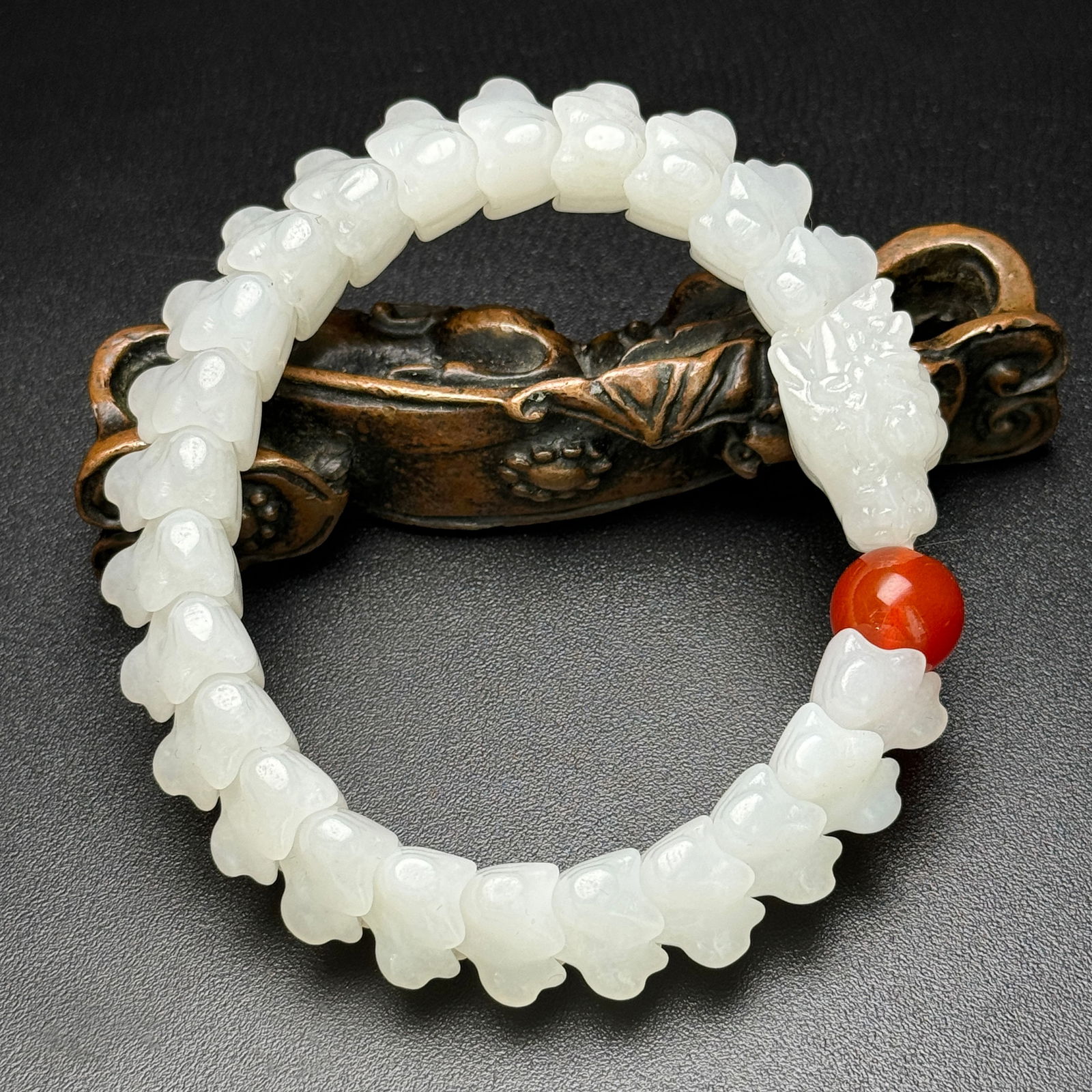Chinese Hetian Jade Hand Carved Fortune Dragon Beads Bracelet - 2