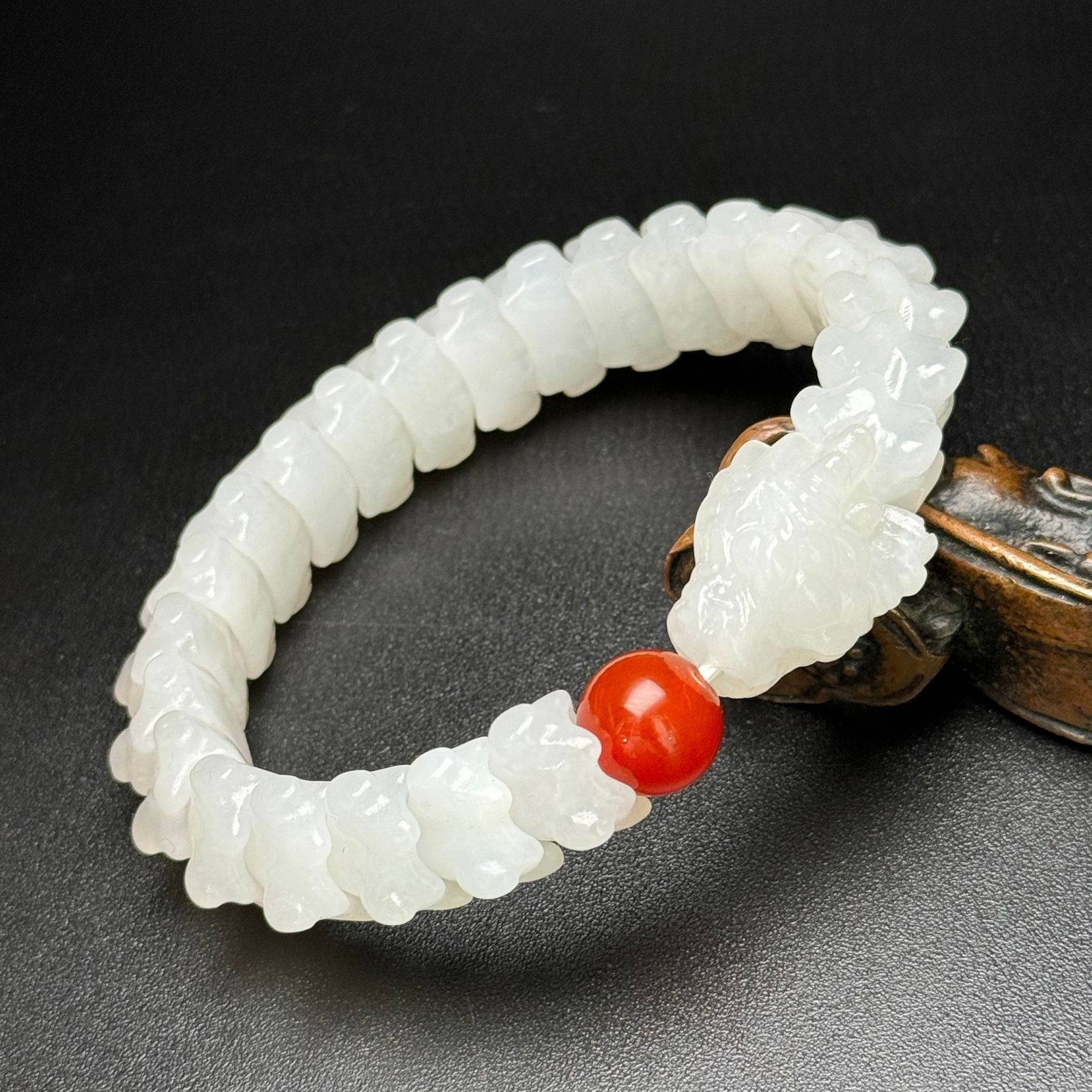 Chinese Hetian Jade Hand Carved Fortune Dragon Beads Bracelet - 3