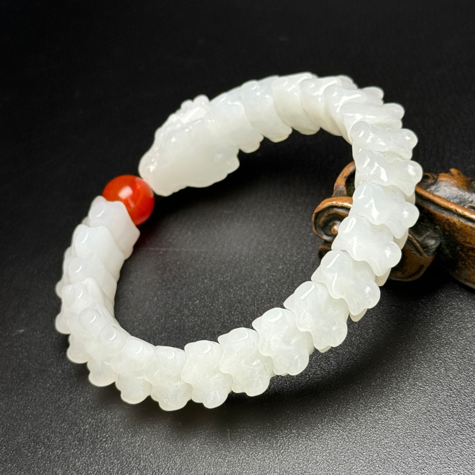 Chinese Hetian Jade Hand Carved Fortune Dragon Beads Bracelet - 4