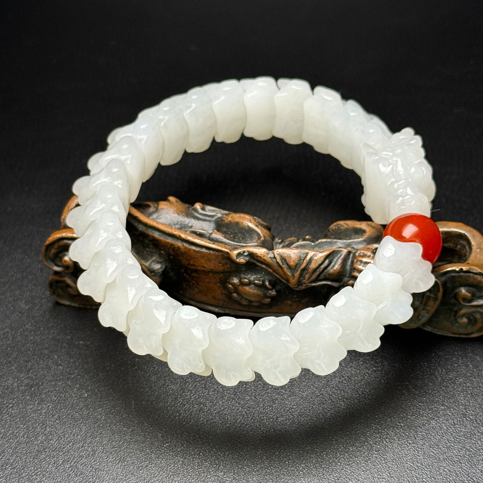 Chinese Hetian Jade Hand Carved Fortune Dragon Beads Bracelet - 6