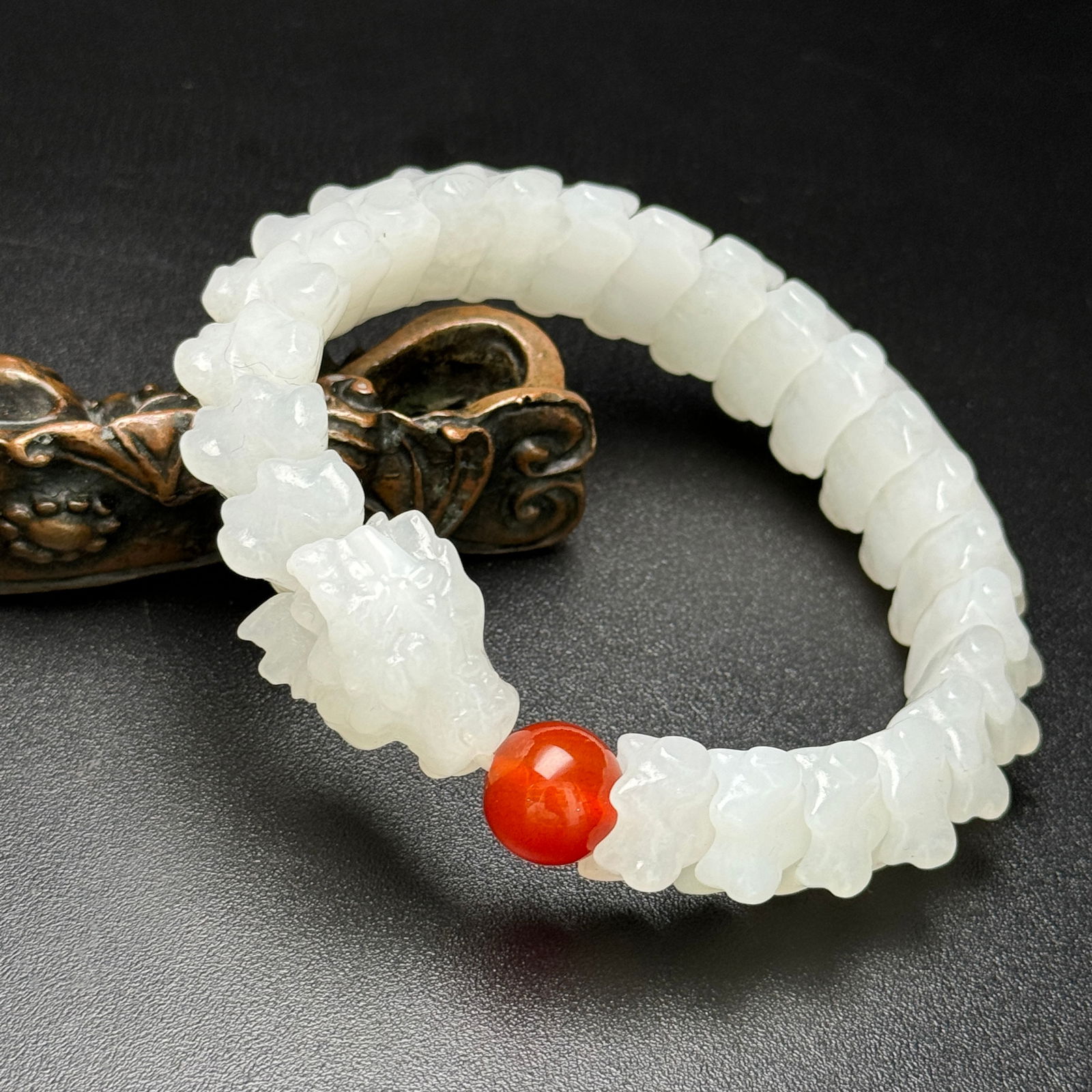Chinese Hetian Jade Hand Carved Fortune Dragon Beads Bracelet - 7