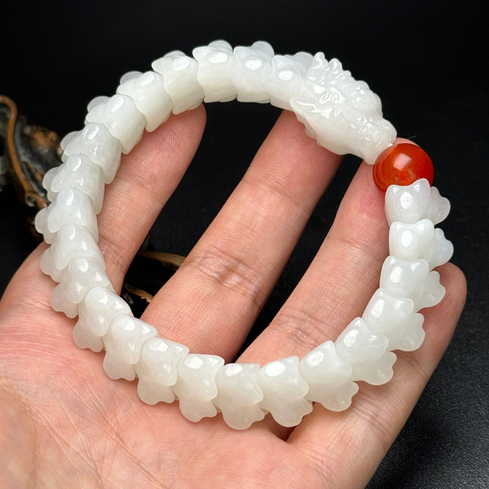 Chinese Hetian Jade Hand Carved Fortune Dragon Beads Bracelet - 8