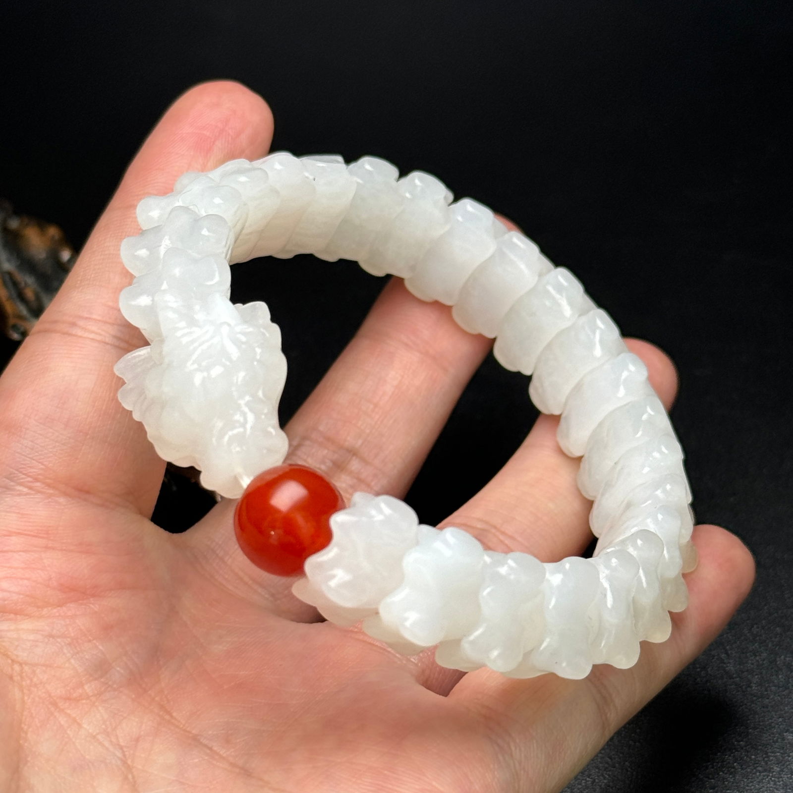 Chinese Hetian Jade Hand Carved Fortune Dragon Beads Bracelet - 9