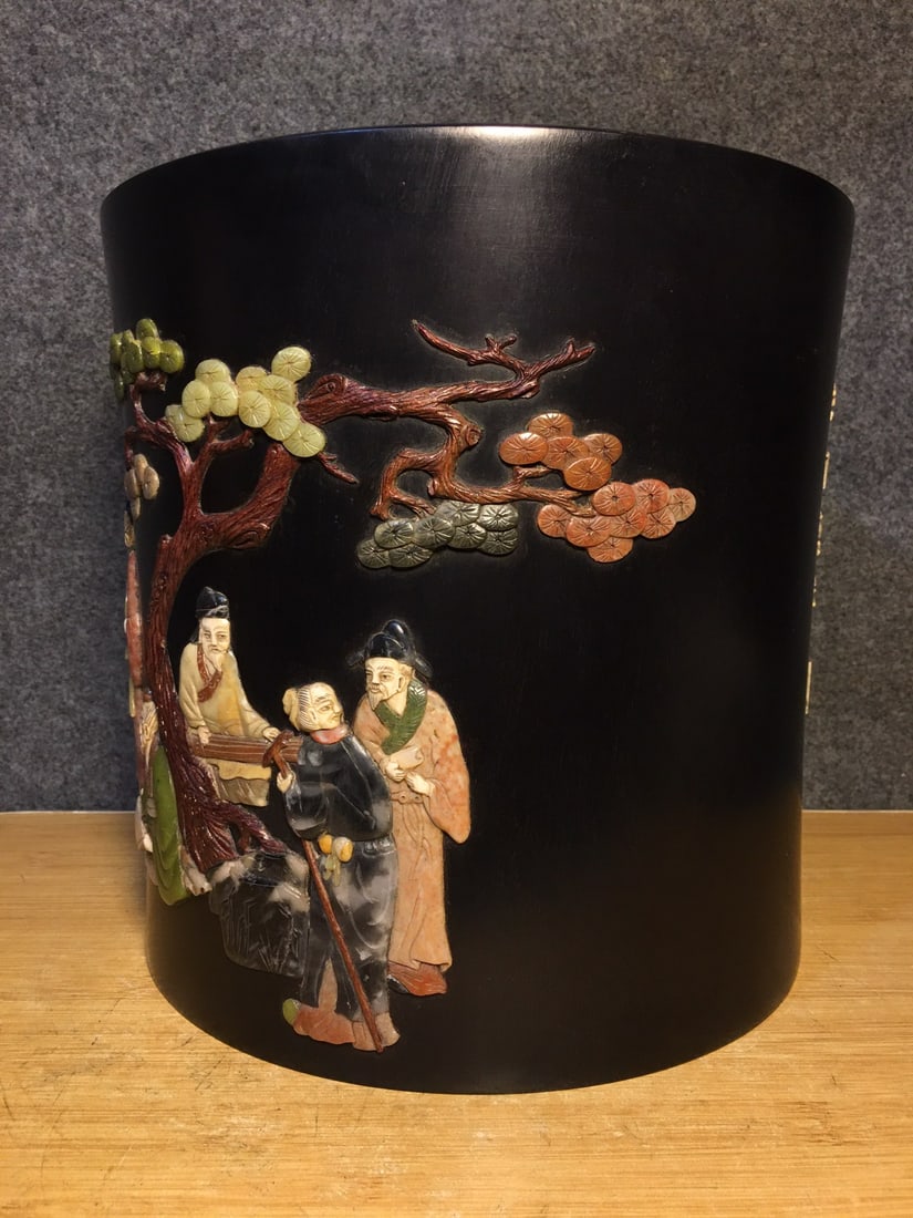 Vintage Chinese Zitan Wood Inlay Shoushan Stone Sages Meeting Design Brush Pot - 5