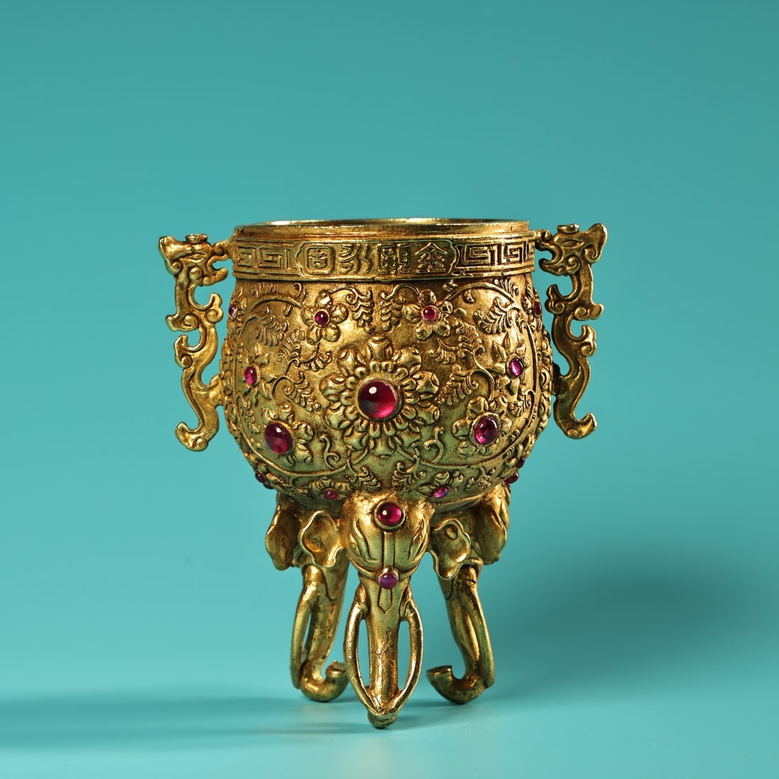 Chinese Gilt Gold Copper Inlay Gem Wine Cup (1 of 12)