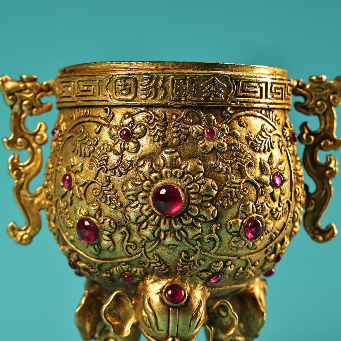 Chinese Gilt Gold Copper Inlay Gem Wine Cup - 2