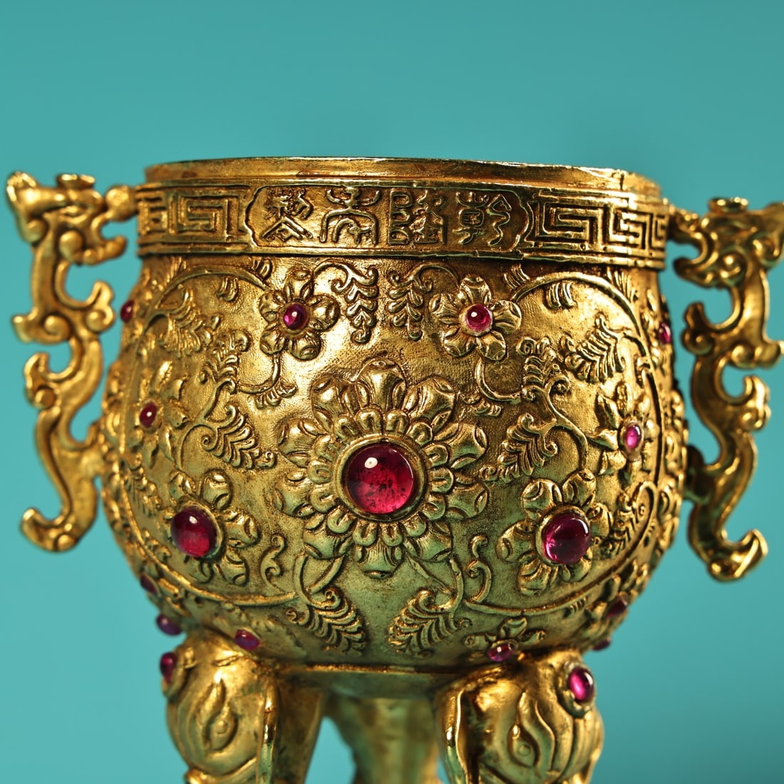 Chinese Gilt Gold Copper Inlay Gem Wine Cup - 6