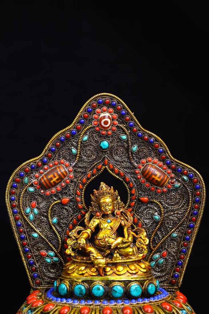 Old Tibetan Gilt Gold Copper Yellow Jambhala Statue w Silver Wires Inlay DZI Agate & Turquoise Base - 2