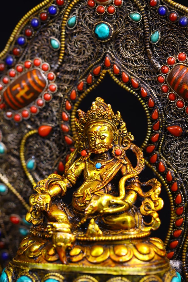 Old Tibetan Gilt Gold Copper Yellow Jambhala Statue w Silver Wires Inlay DZI Agate & Turquoise Base - 3