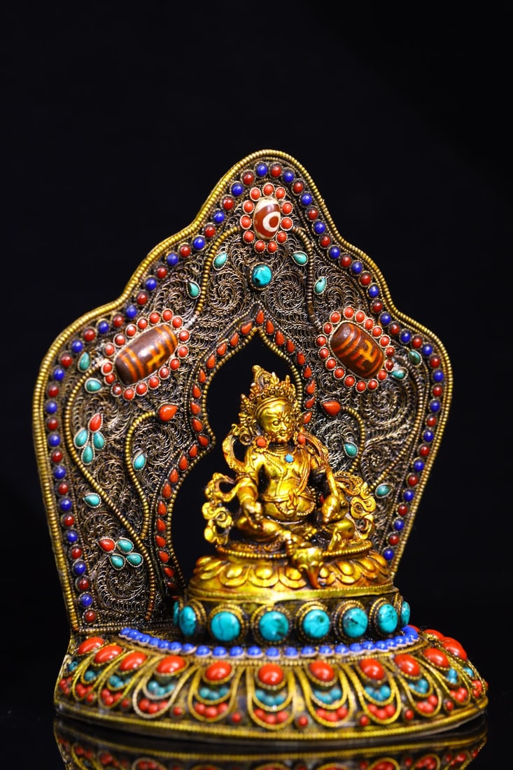 Old Tibetan Gilt Gold Copper Yellow Jambhala Statue w Silver Wires Inlay DZI Agate & Turquoise Base - 5