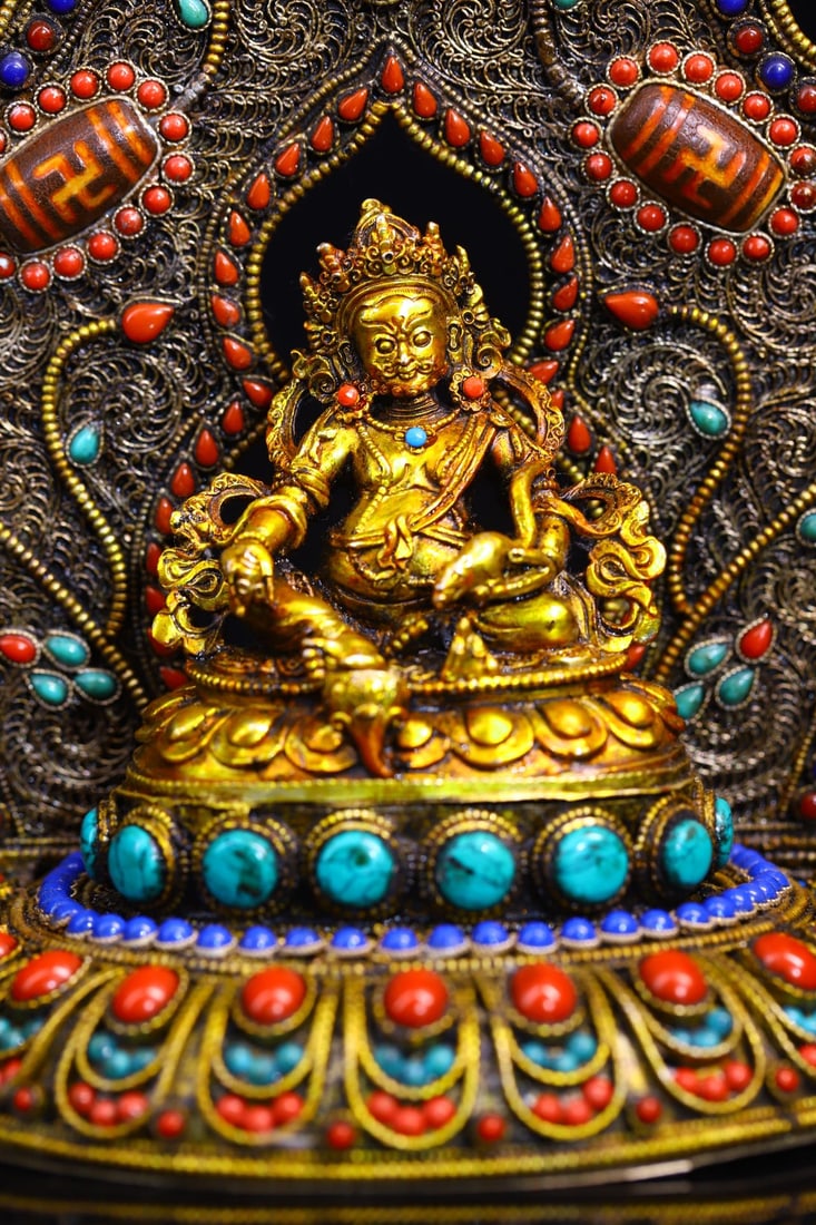 Old Tibetan Gilt Gold Copper Yellow Jambhala Statue w Silver Wires Inlay DZI Agate & Turquoise Base - 6