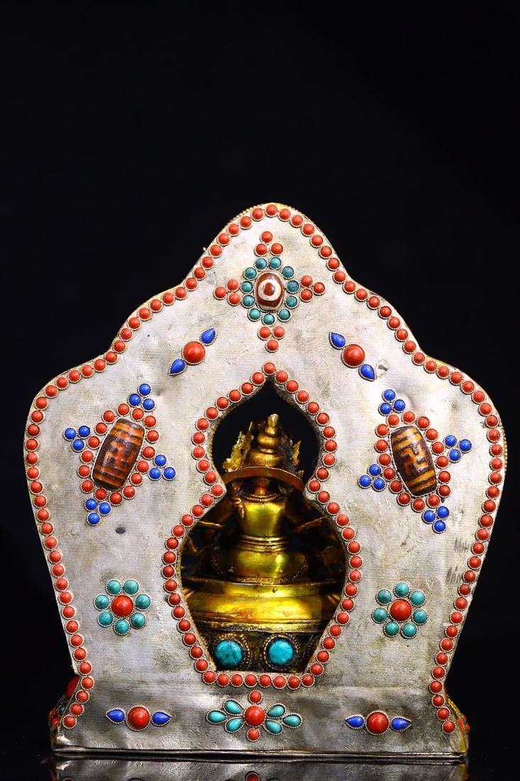 Old Tibetan Gilt Gold Copper Yellow Jambhala Statue w Silver Wires Inlay DZI Agate & Turquoise Base - 7