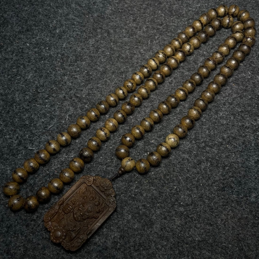 Chinese Chenxiang Wood Carved Yellow Jambhala Pendant w Beads Necklace & Box - 5