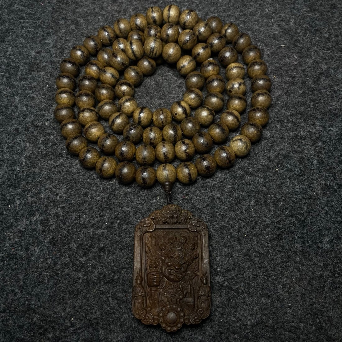 Chinese Chenxiang Wood Carved Yellow Jambhala Pendant w Beads Necklace & Box - 6