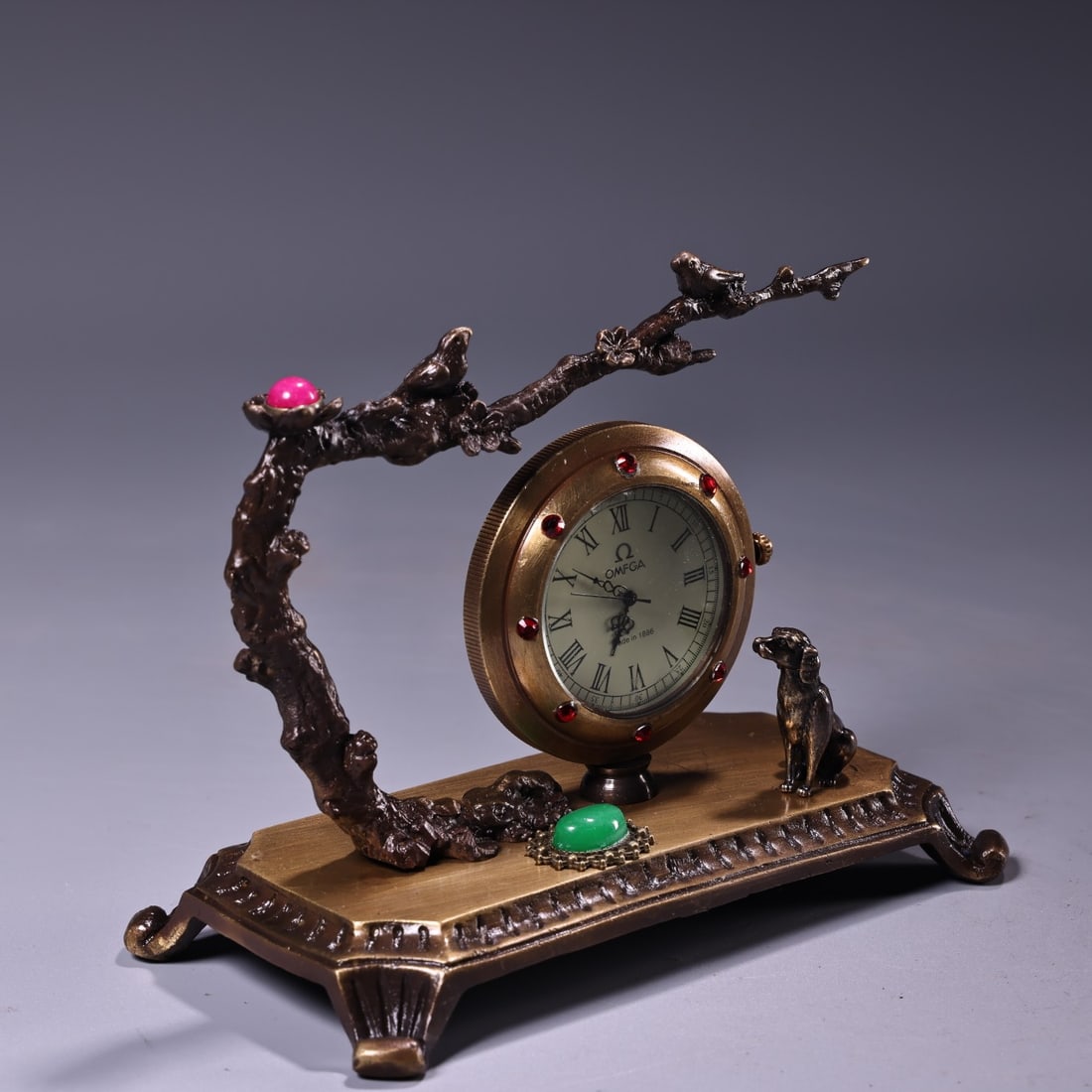 Old Copper Inlay Gem Mechanical Clock - 4