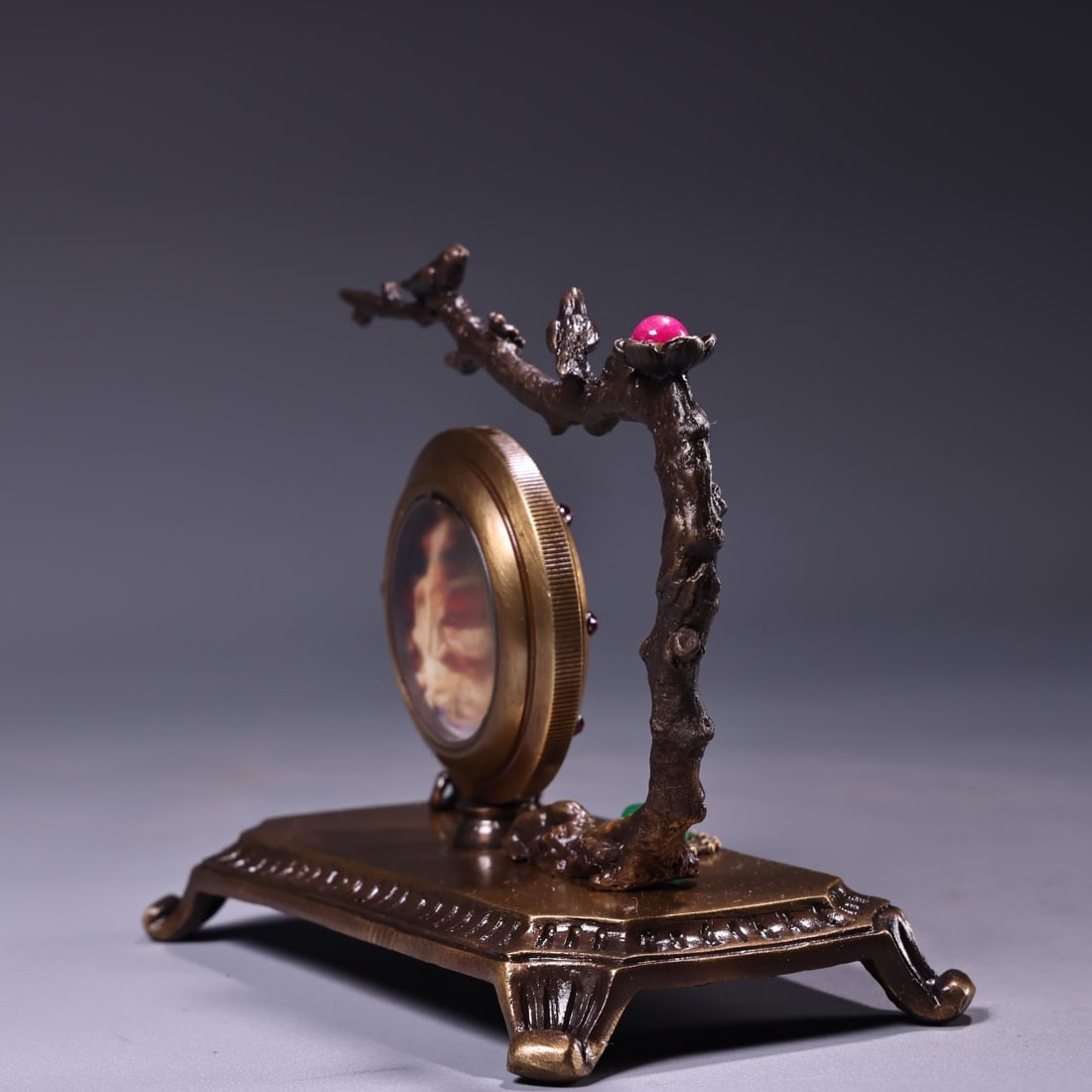 Old Copper Inlay Gem Mechanical Clock - 5