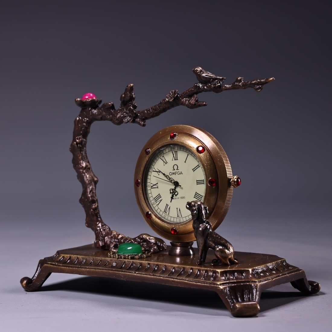 Old Copper Inlay Gem Mechanical Clock - 7