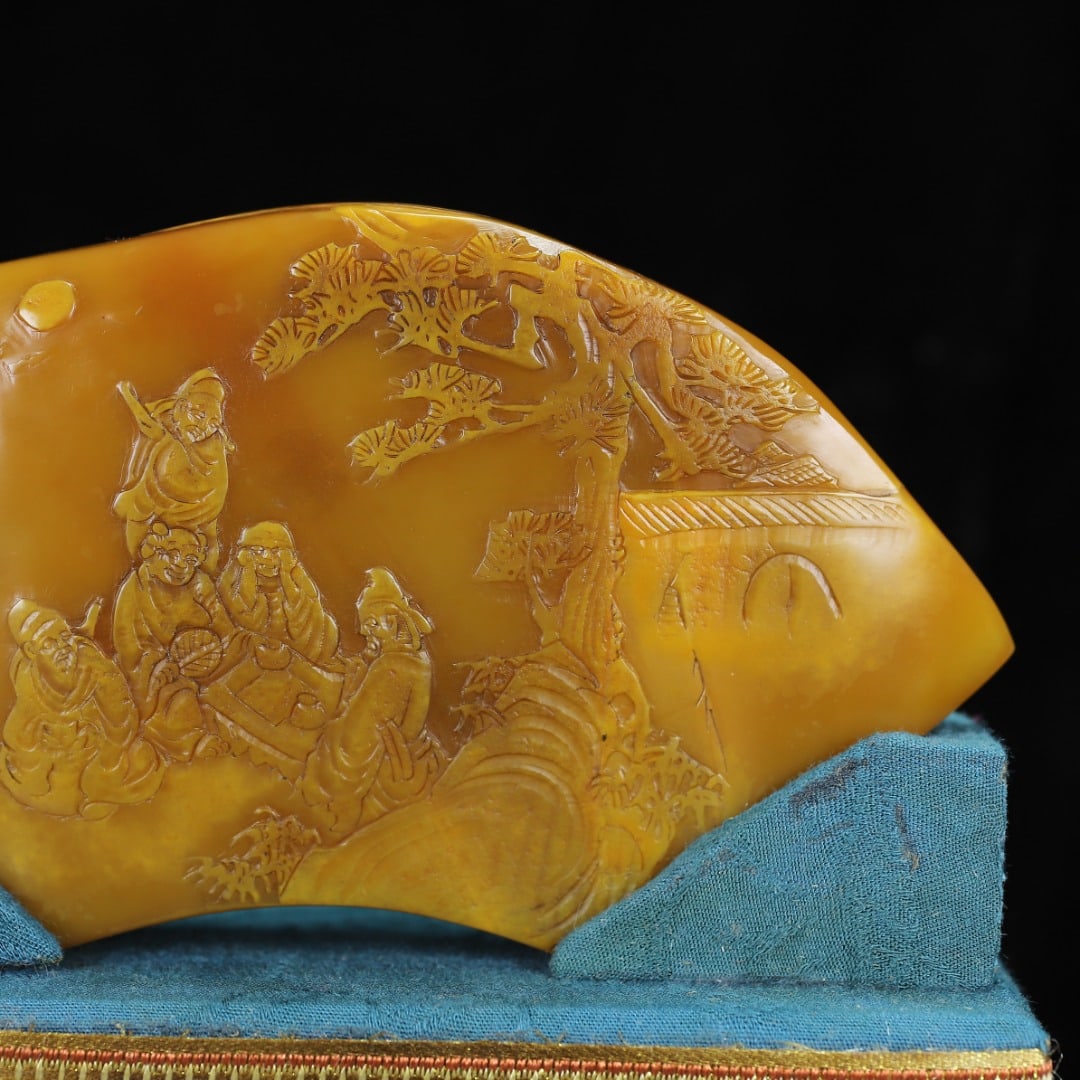 Chinese Tianhuang Stone Low Relief Pine Tree & Figure Seal Statue - 2