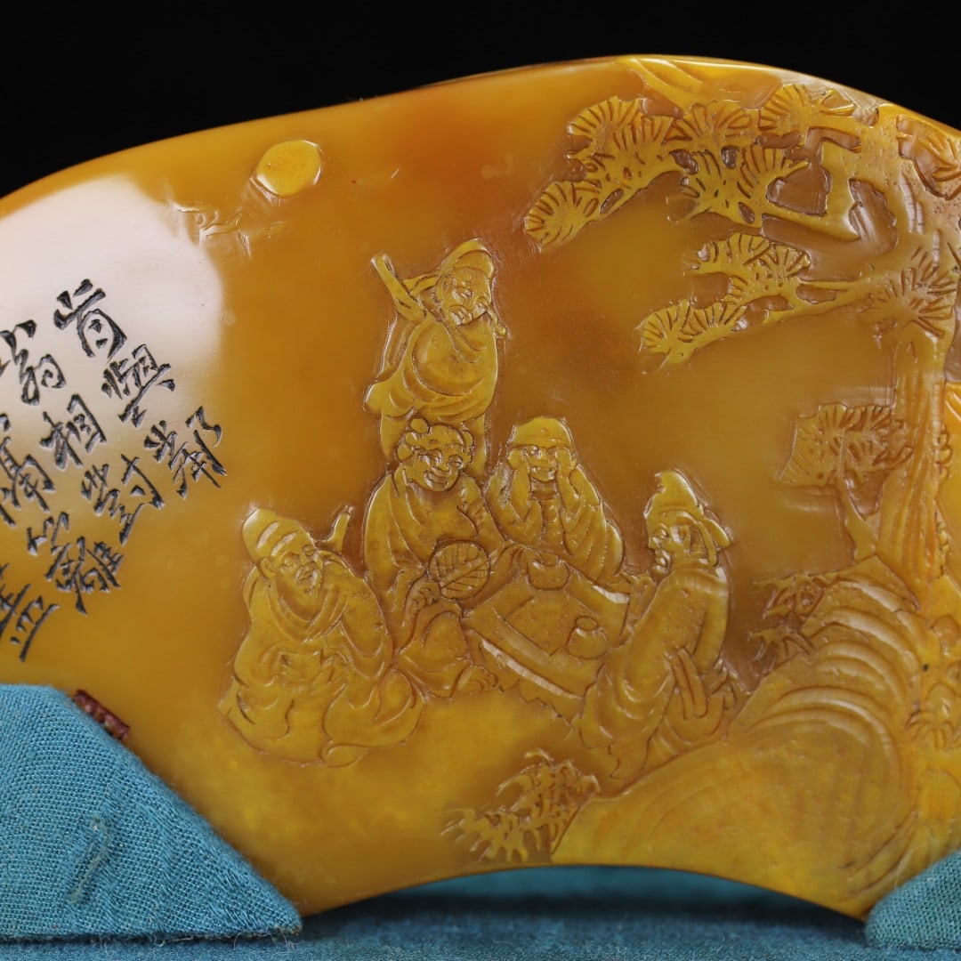 Chinese Tianhuang Stone Low Relief Pine Tree & Figure Seal Statue - 3