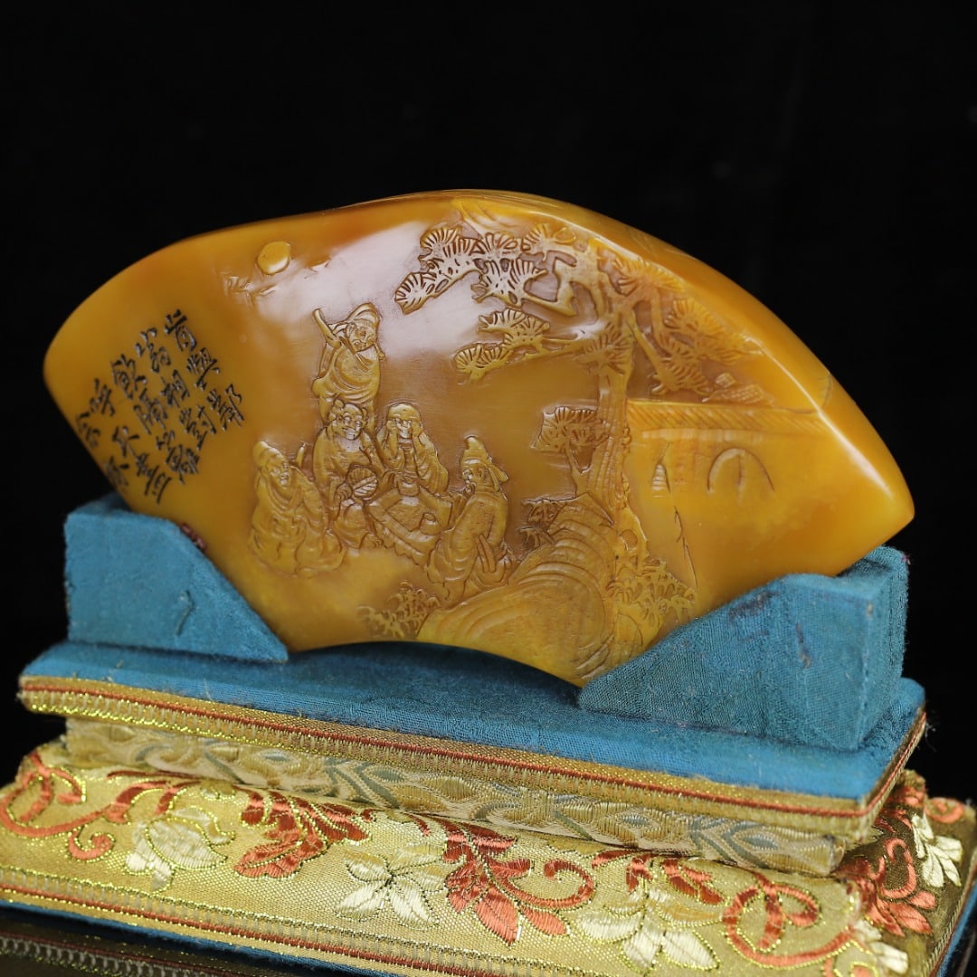 Chinese Tianhuang Stone Low Relief Pine Tree & Figure Seal Statue - 5