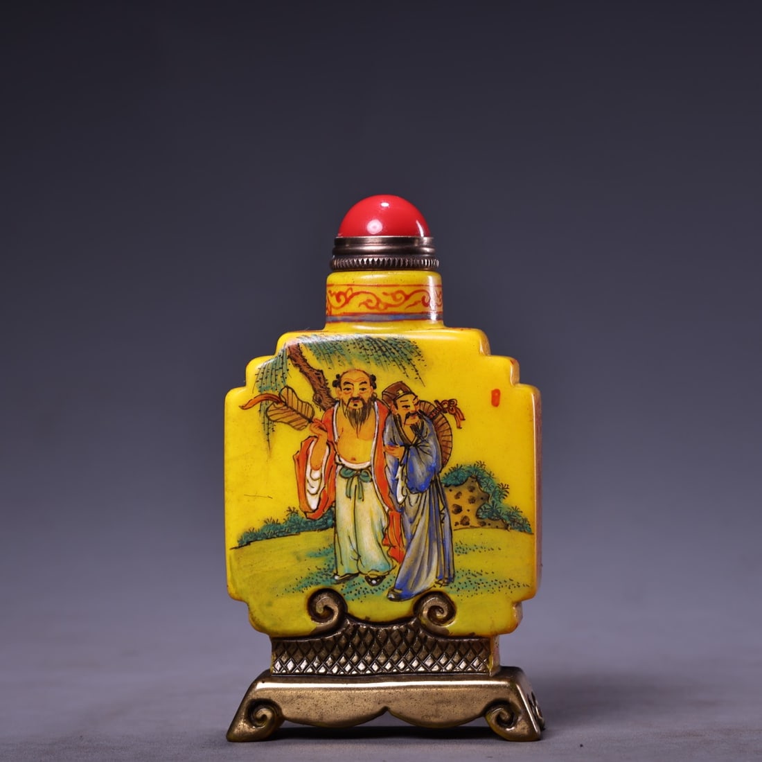 A Pair Chinese Yellow Peking Glass Eight Taoism Deity Design Snuff Bottle - 3