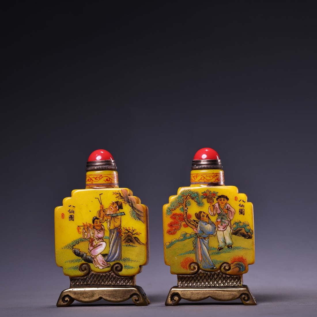A Pair Chinese Yellow Peking Glass Eight Taoism Deity Design Snuff Bottle - 6