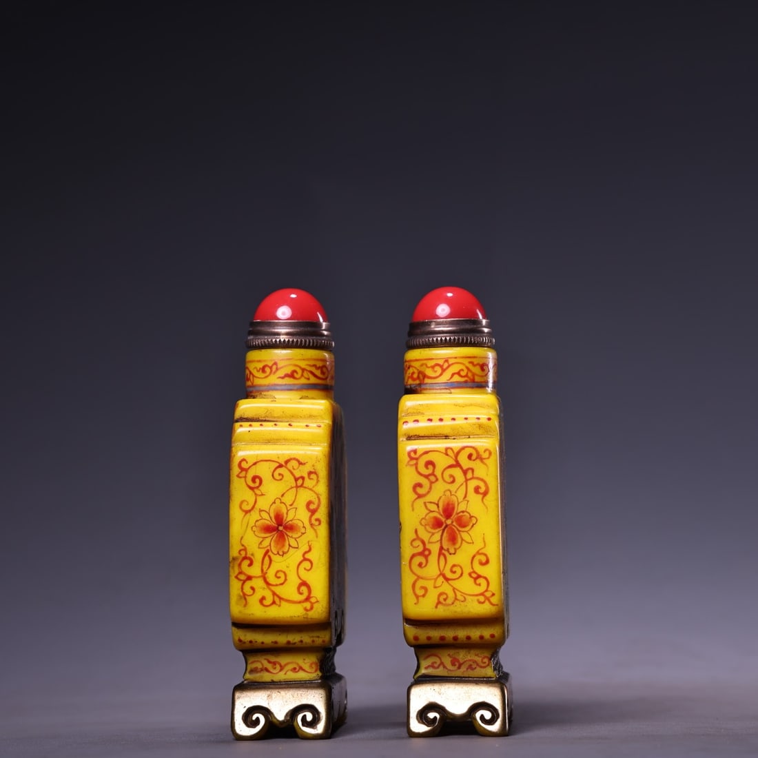 A Pair Chinese Yellow Peking Glass Eight Taoism Deity Design Snuff Bottle - 8