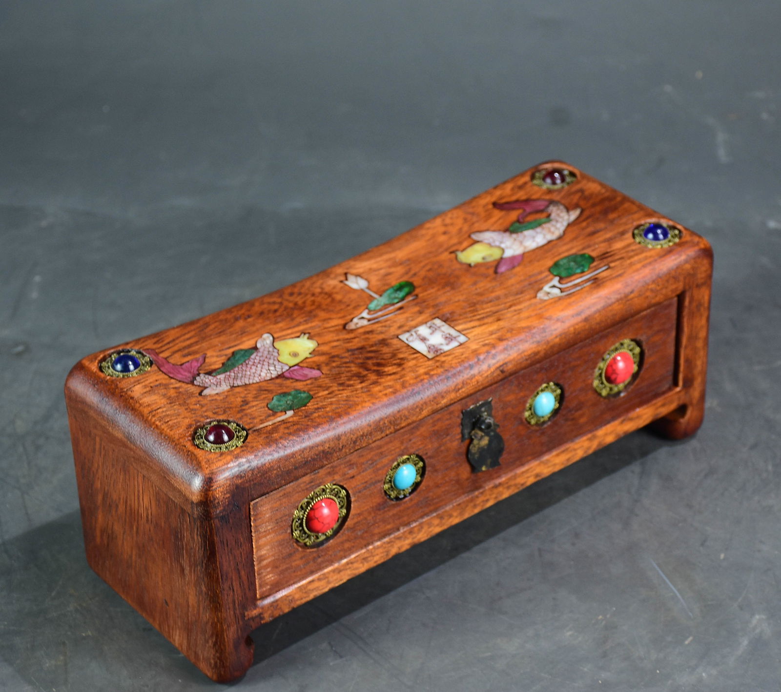 Vitage Chinese Huali Wood Inlay Gem Pillow - 2