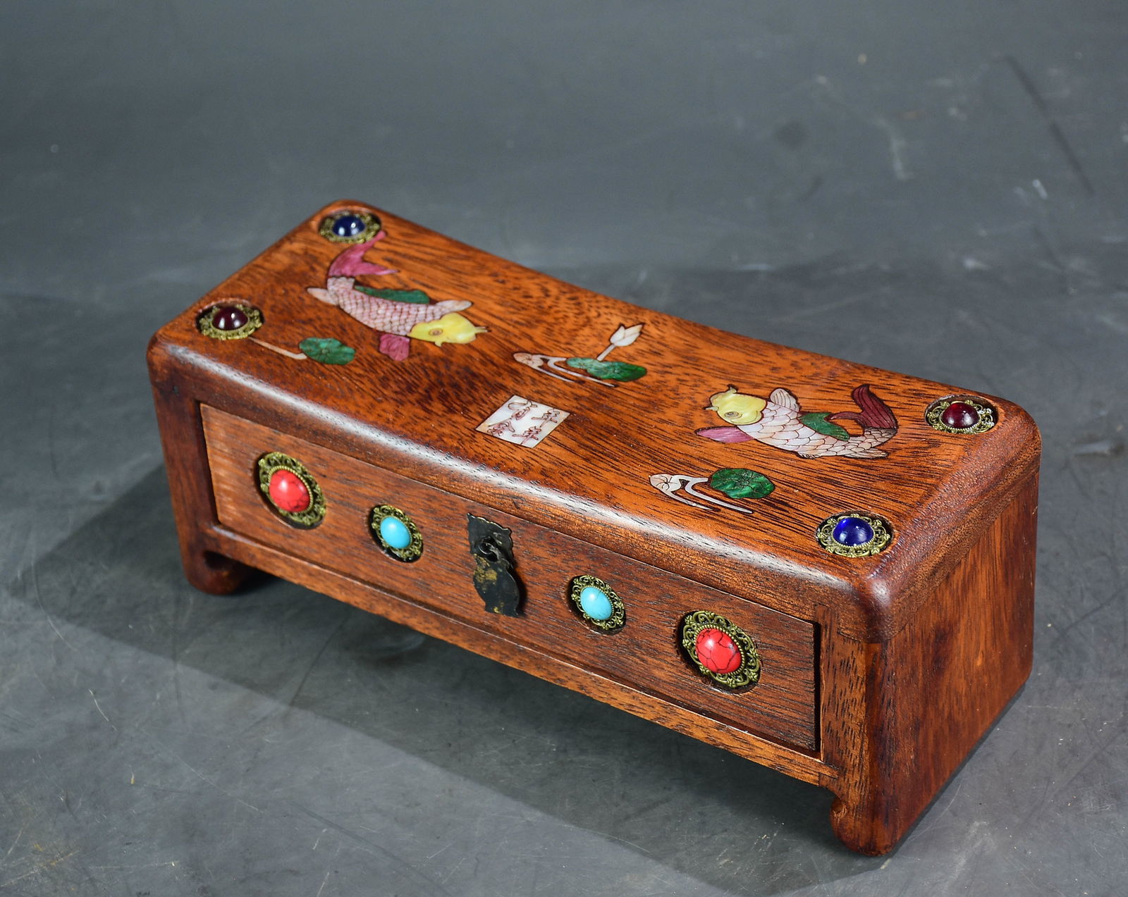 Vitage Chinese Huali Wood Inlay Gem Pillow - 3