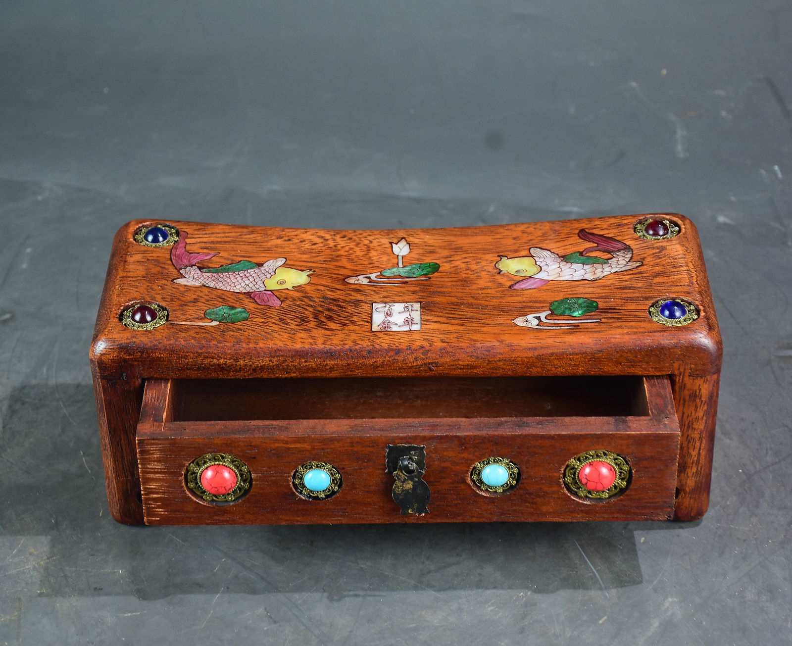 Vitage Chinese Huali Wood Inlay Gem Pillow - 5