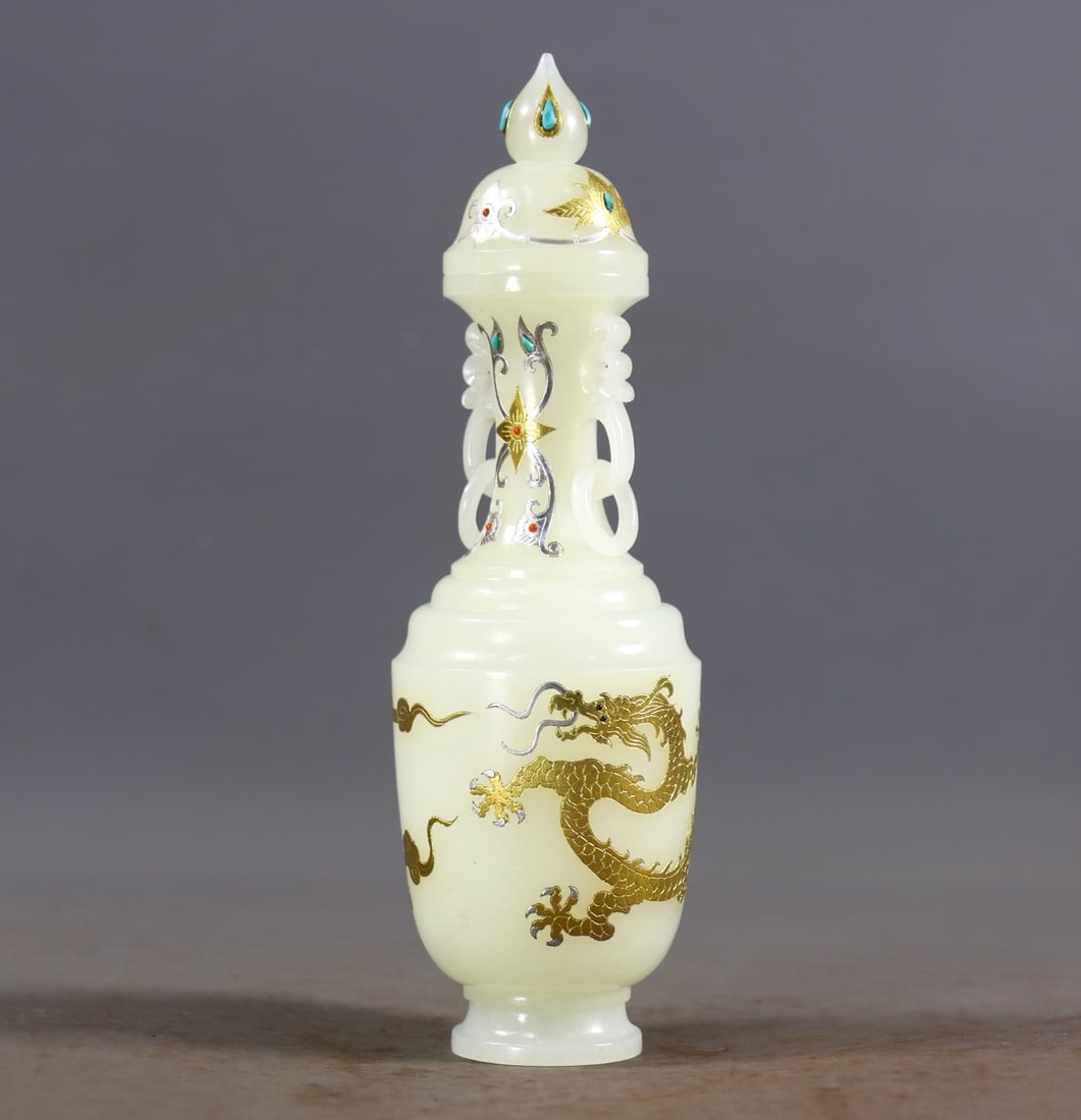 Superb Chinese Silver Plated Gilt Gold Hetian Jade Vase - 2