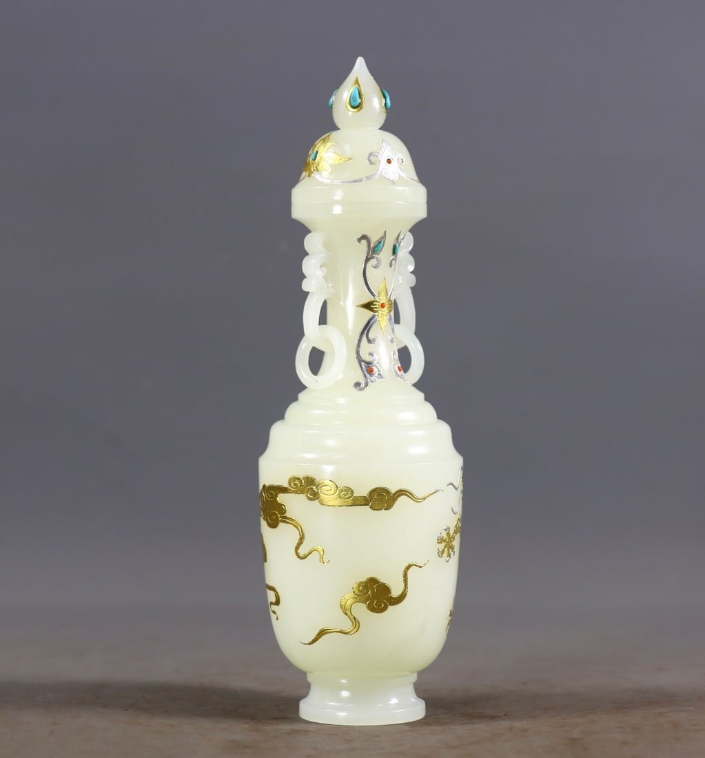 Superb Chinese Silver Plated Gilt Gold Hetian Jade Vase - 4