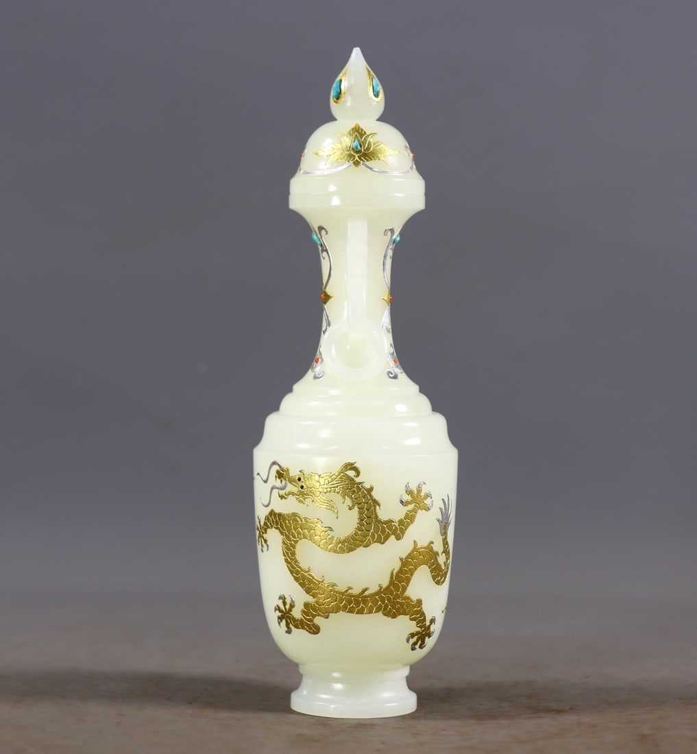 Superb Chinese Silver Plated Gilt Gold Hetian Jade Vase - 5