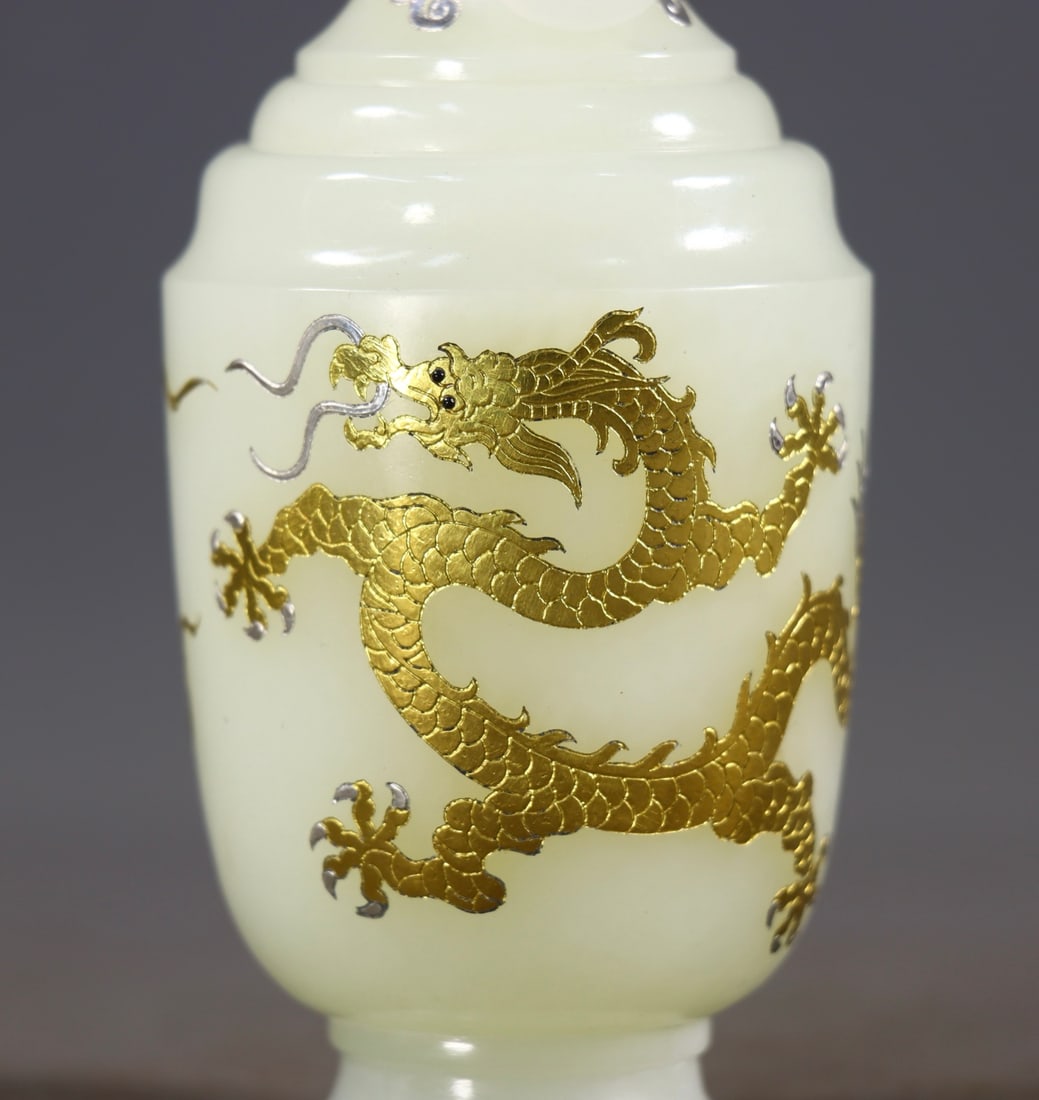 Superb Chinese Silver Plated Gilt Gold Hetian Jade Vase - 7