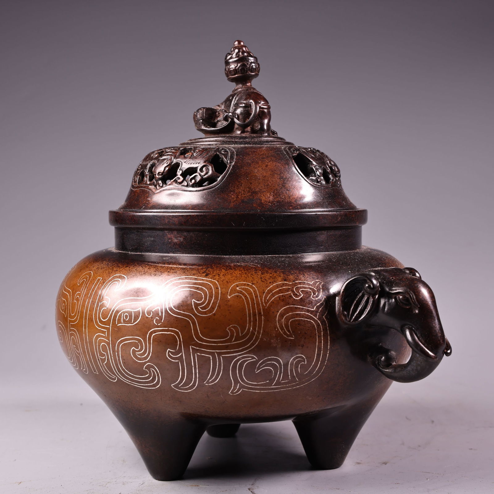 Vintage Chinese Copper Inlay Silver Wires Fortune Elephant Incense Burner - 2