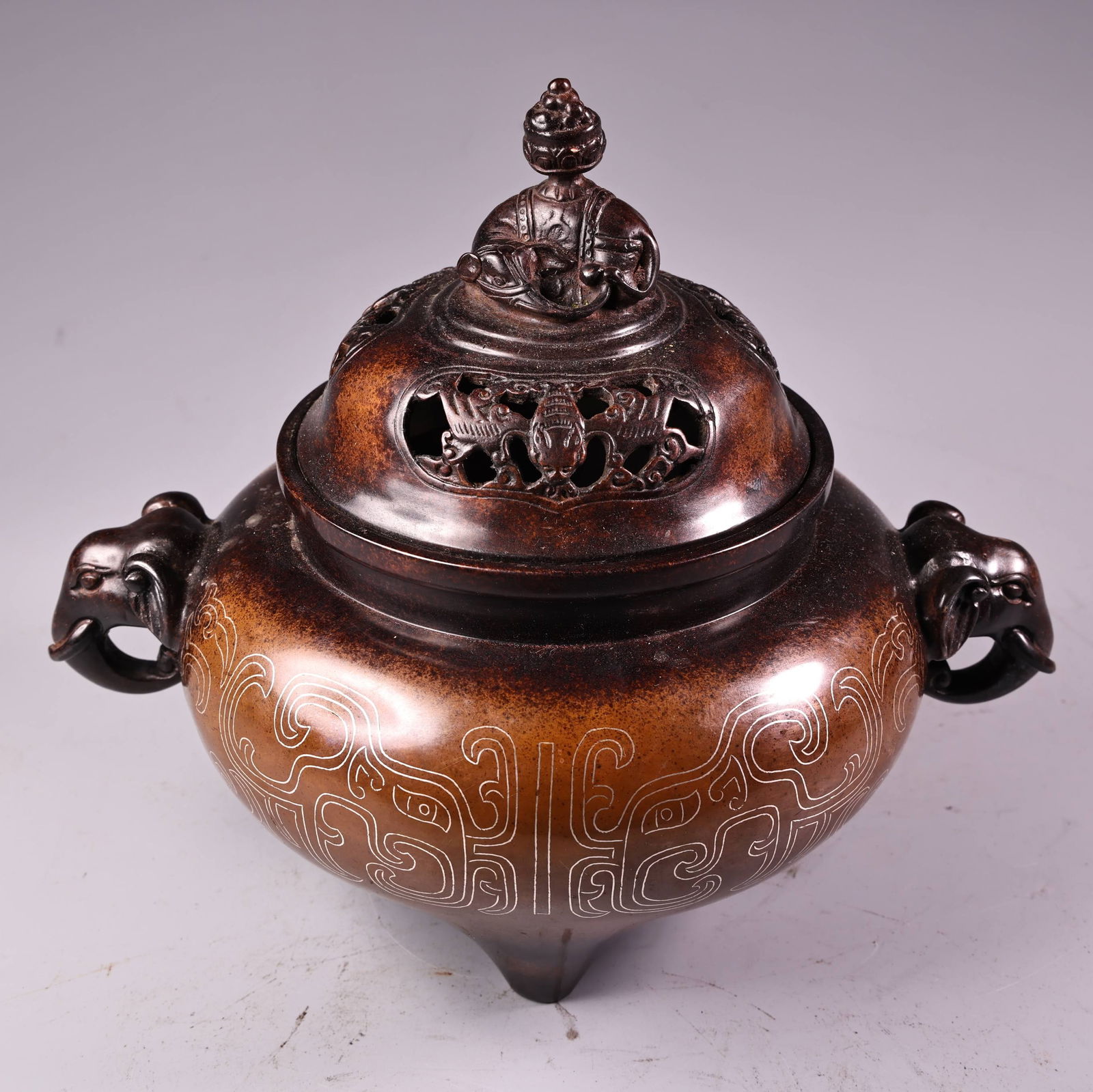 Vintage Chinese Copper Inlay Silver Wires Fortune Elephant Incense Burner - 3