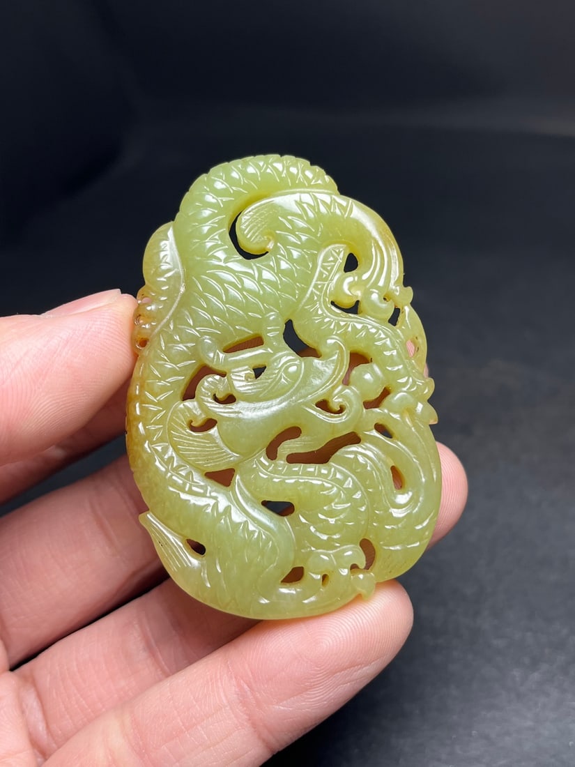 Chinese Hetian Jade Hand Carved Fortune Dragon Pendant - 9