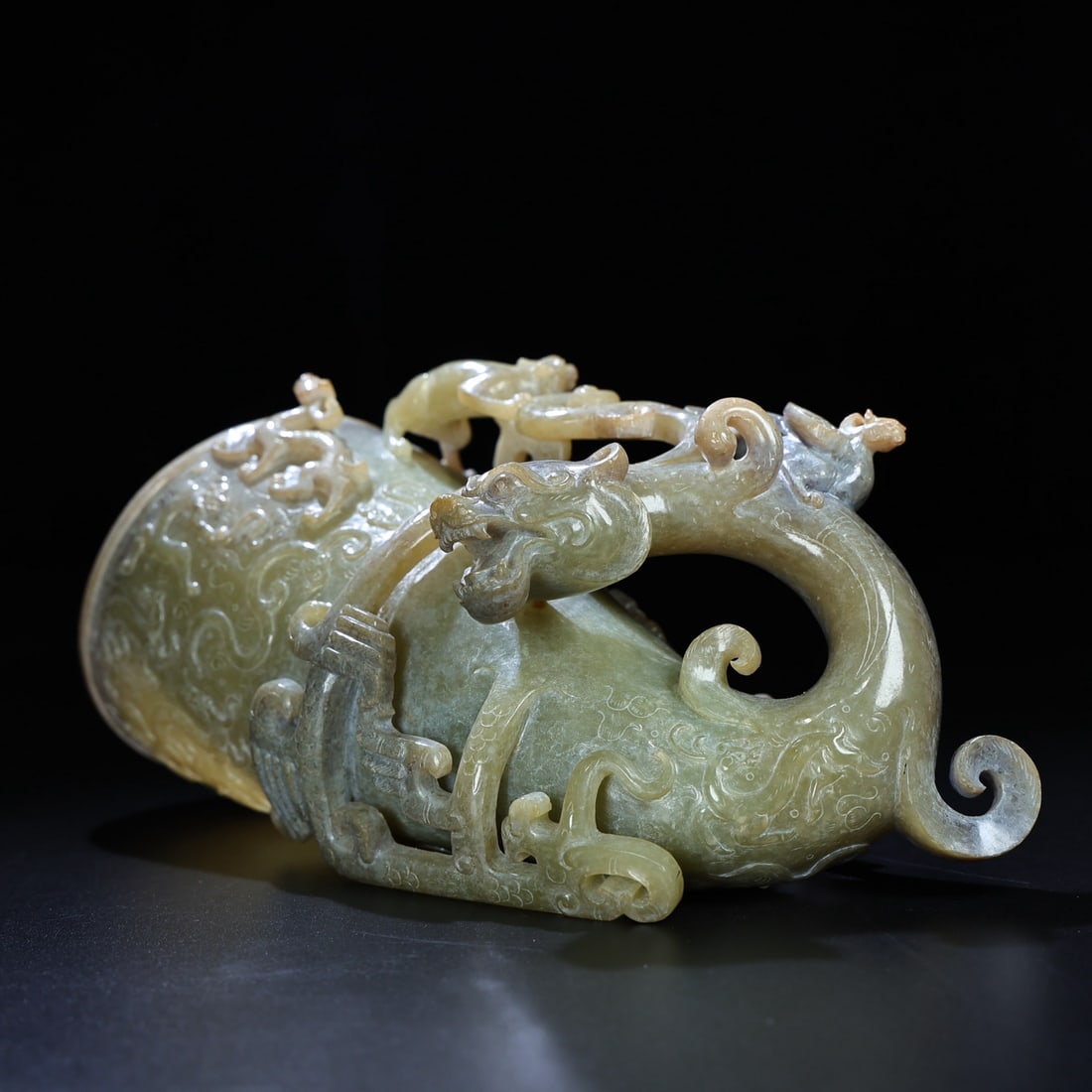 Superb Vintage Chinese Hetian Jade High Relief Fortune Dragon Cup Statue - 8