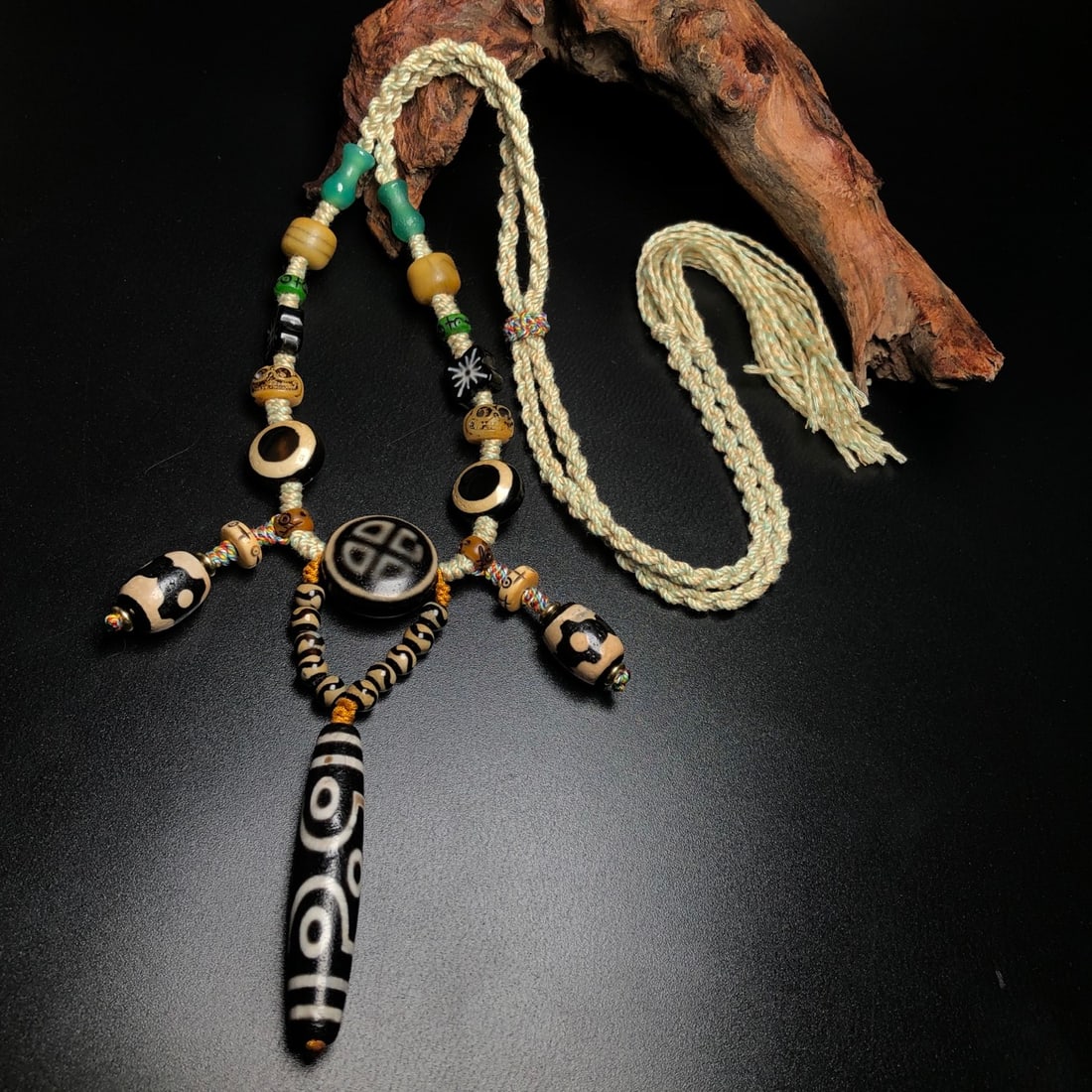 Tibetan 6 Eye DZI Agate & Agate Beads Necklace - 2