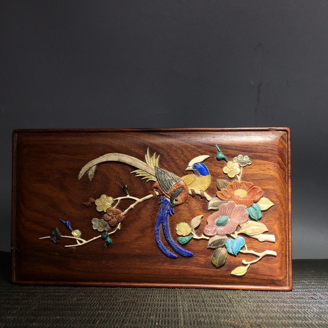 Chinese Huali Wood Inlay Shell Flowers Bird Jewellery Box - 2