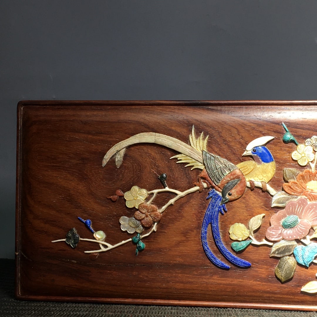 Chinese Huali Wood Inlay Shell Flowers Bird Jewellery Box - 4