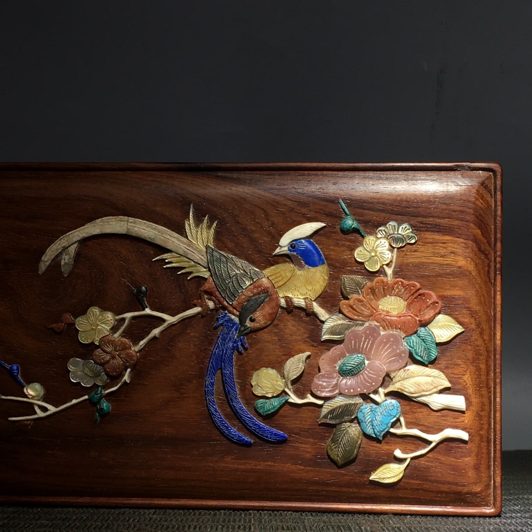 Chinese Huali Wood Inlay Shell Flowers Bird Jewellery Box - 5