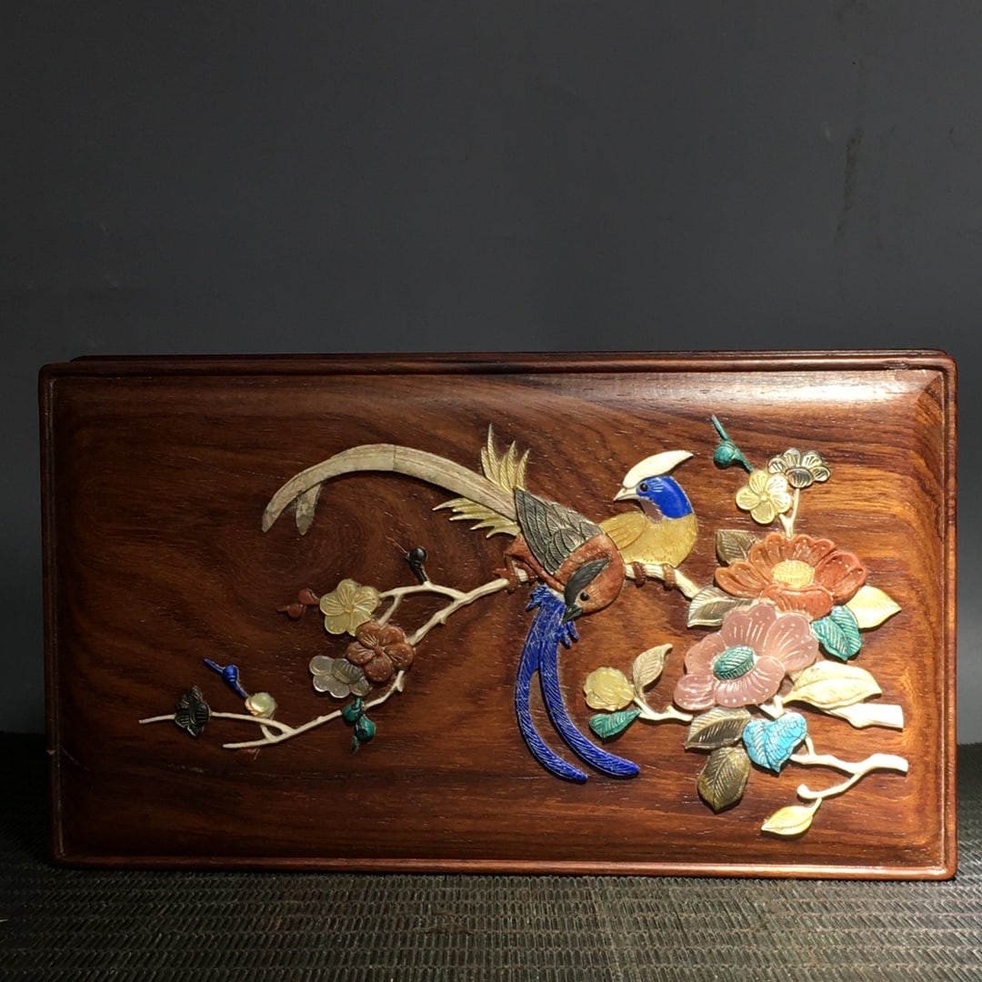 Chinese Huali Wood Inlay Shell Flowers Bird Jewellery Box - 6