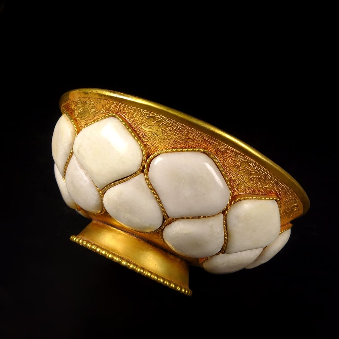 Vintage Chinese Gilt Gold Copper Inlay Jade Bowl - 2