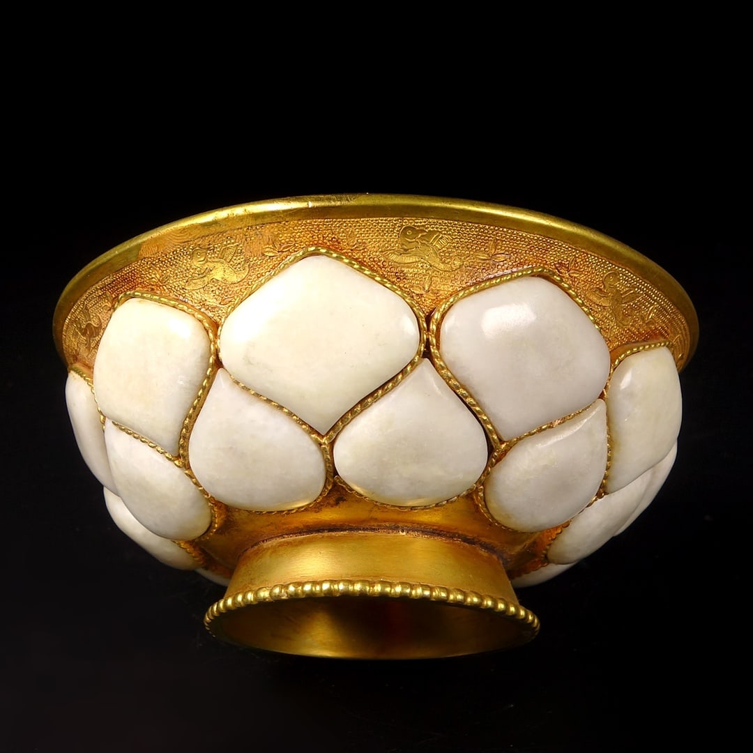 Vintage Chinese Gilt Gold Copper Inlay Jade Bowl - 3