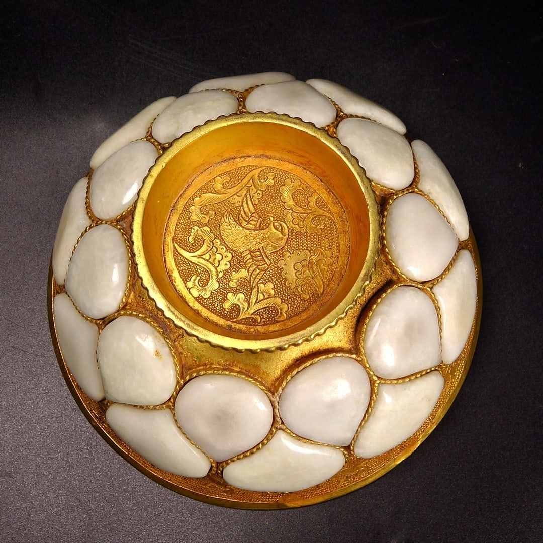 Vintage Chinese Gilt Gold Copper Inlay Jade Bowl - 4