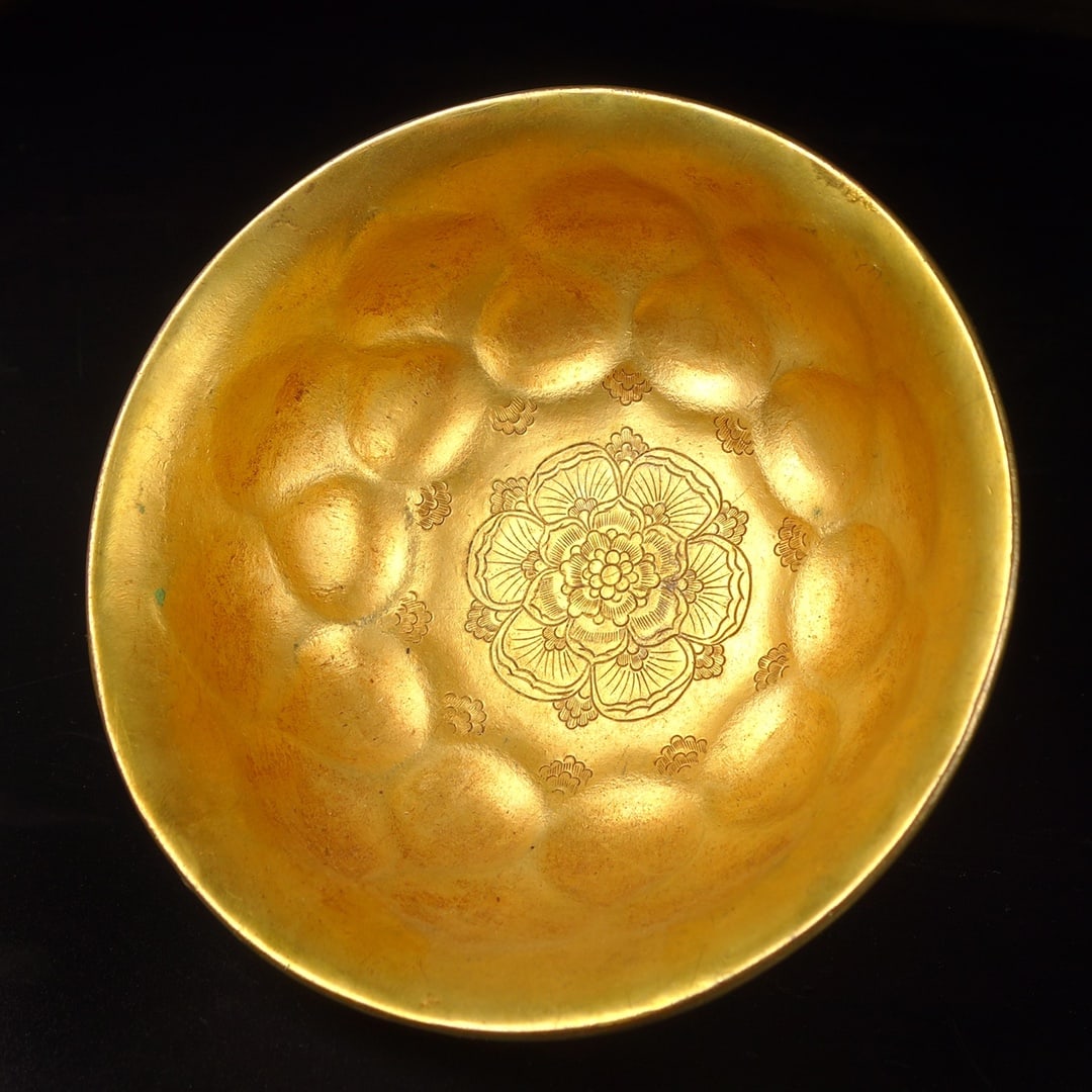 Vintage Chinese Gilt Gold Copper Inlay Jade Bowl - 5